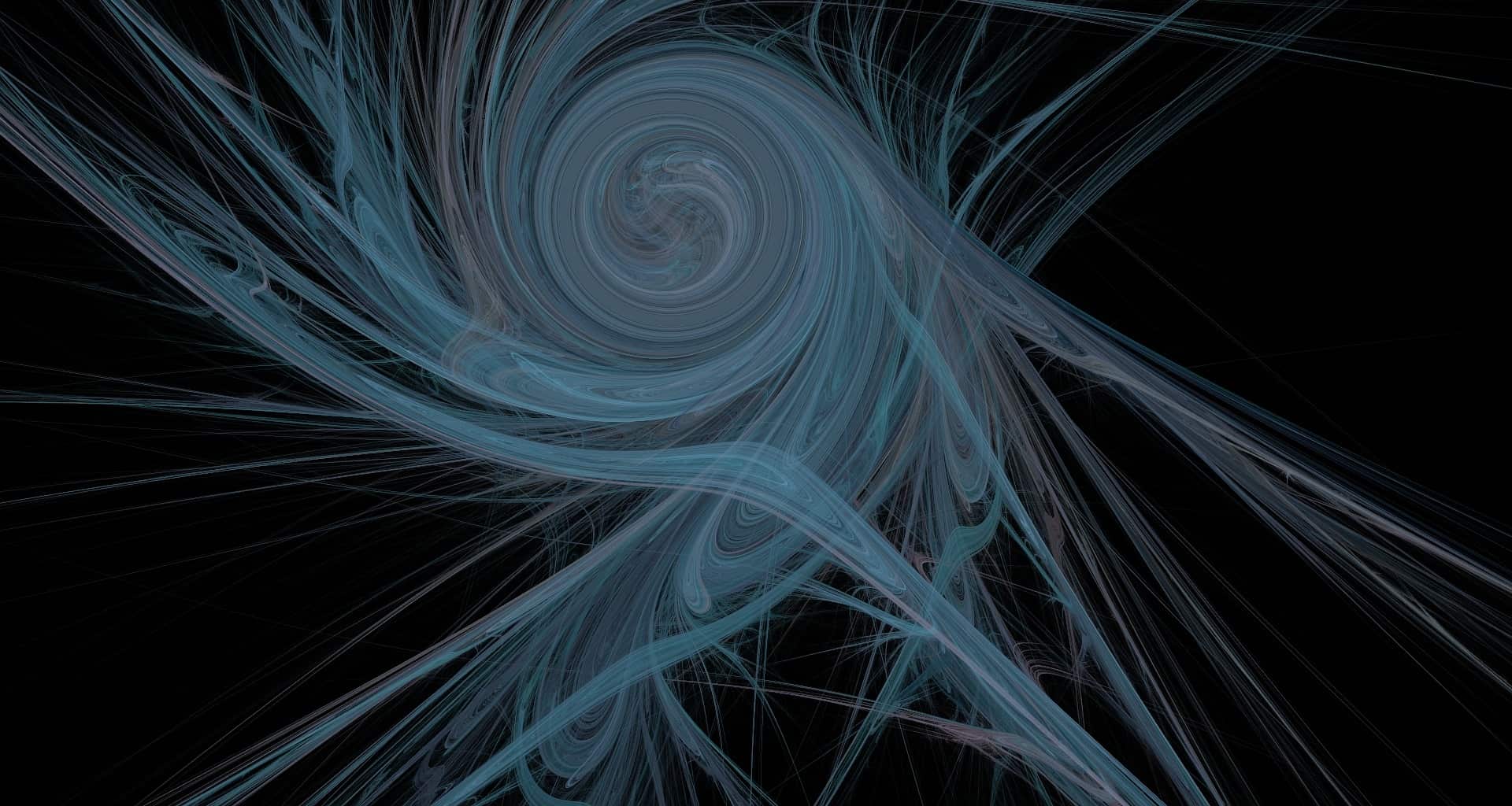 Blue abstract swirling fractal shape on a black background.